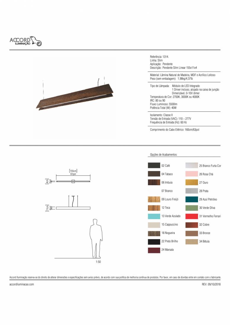 Pendente Accord Slim 39 Watts 2700K Bivolt 1550x40x110mm 1314LED