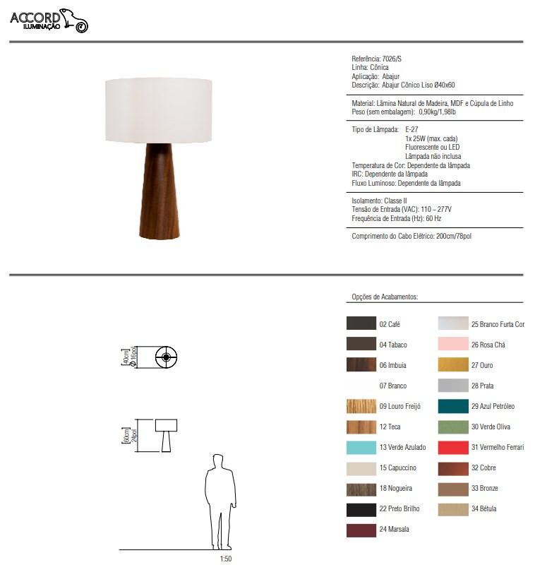 Abajur Accord Pé Cônico Liso Cúpula Algodão 1L E27 Ø400x610mm 7026
