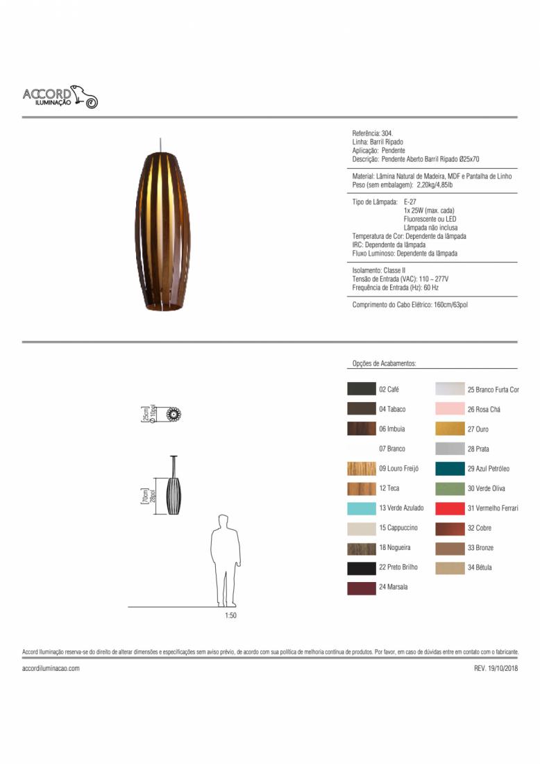 Pendente Accord Aberto Barril Ripado 1L E27 Ø170x700mm 304
