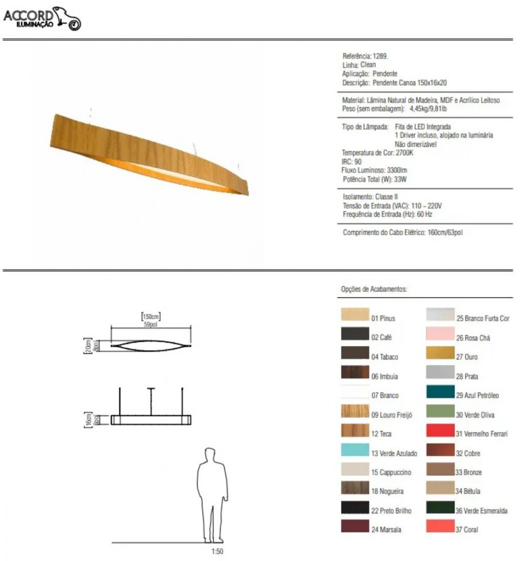 Pendente Accord Canoa 38 Watts 2700K Bivolt 1500x200x180mm 1289LED