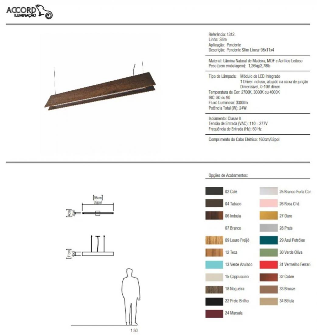 Pendente Accord Slim Linear 23 Watts 2700K Bivolt 980x40x110mm 1312LED