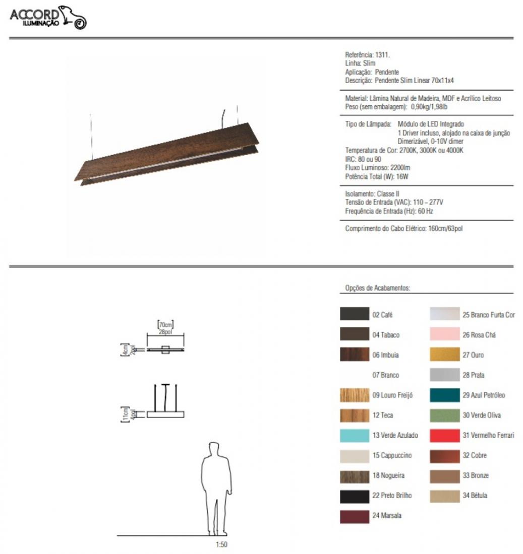 Pendente Accord Slim Linear 16 Watts 2700K Bivolt 700x40x110mm 1311LED
