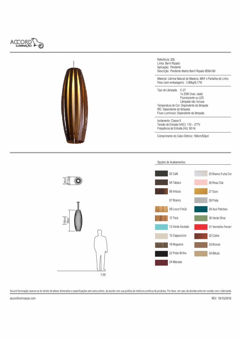 Pendente Accord Aberto Barril Ripado 1L E27 Ø170x1000mm 305