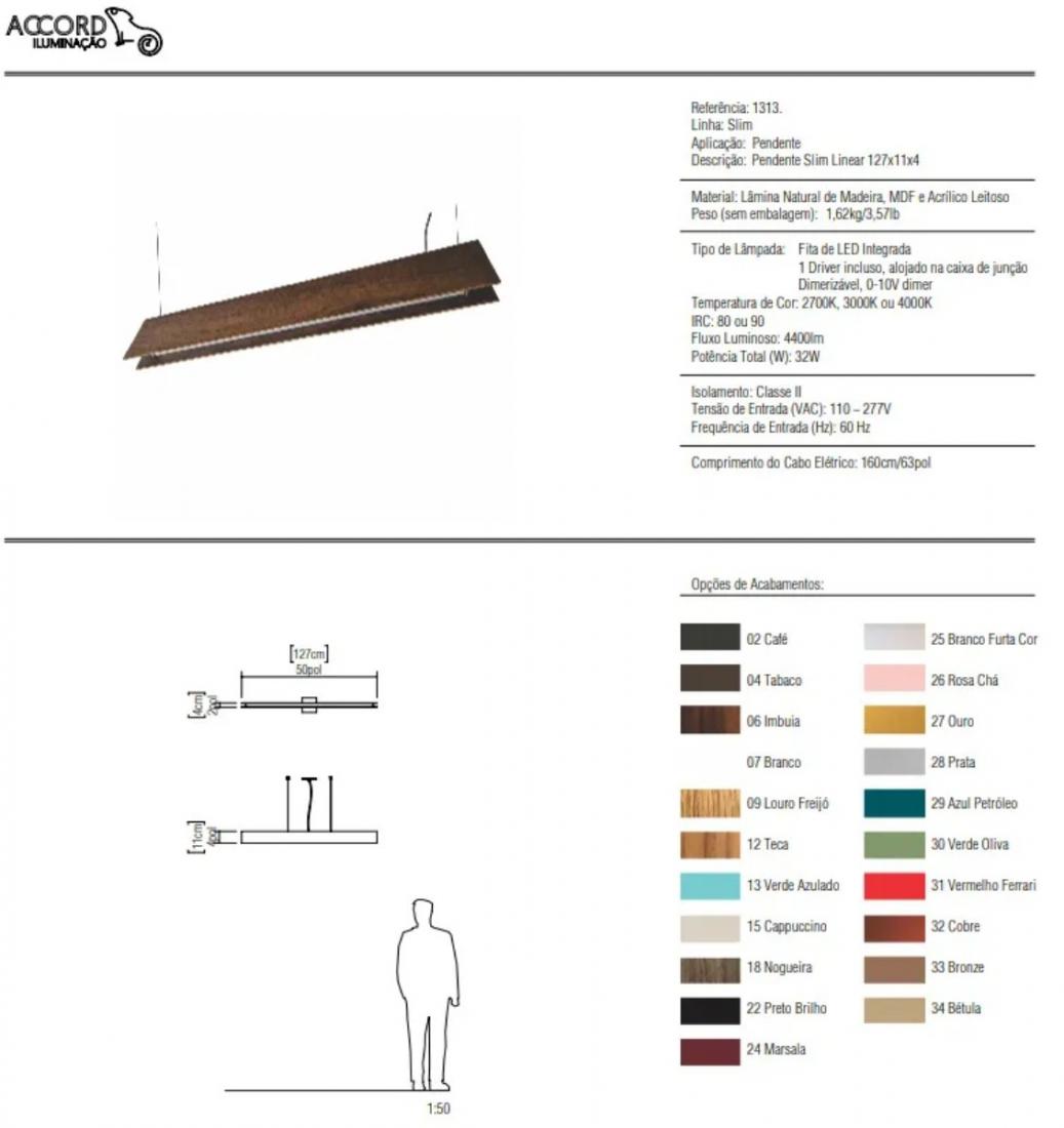 Pendente Accord Slim Linear 29 Watts 2700K Bivolt 1270x40x110mm 1313LED