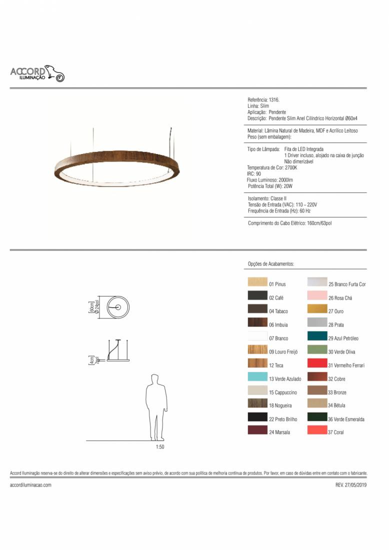 Pendente Accord Anel Horizontal 23 Watts 2700K Bivolt Ø600x30mm 1316LED