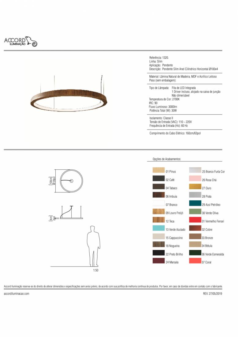 Pendente Accord Anel Horizontal 36 Watts 2700K Bivolt Ø1000x30mm 1320LED