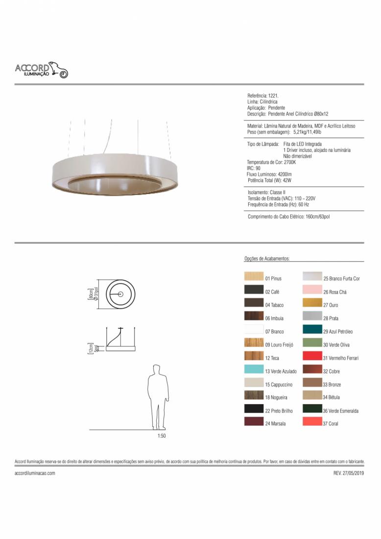 Pendente Accord Anel Cilíndrico 48 Watts 2700K Bivolt Ø800x135mm 1221LED