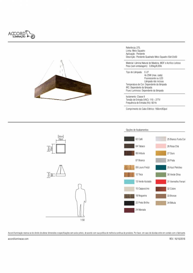 Pendente Accord Quadrado Meio Squadro 4L E27 500x500x120mm 275