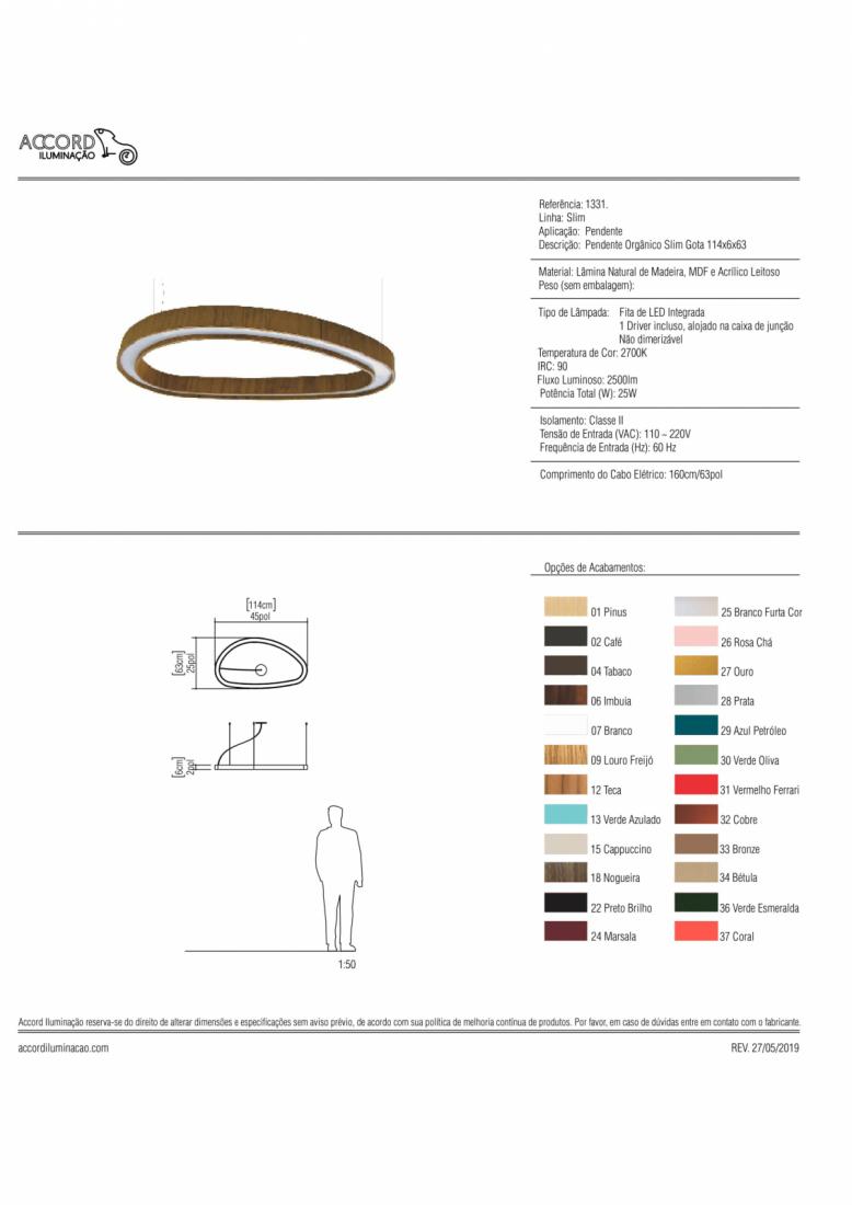 Pendente Accord Orgânico Slim Gota 28 Watts 2700K Bivolt 1140x630x50mm 1331LED