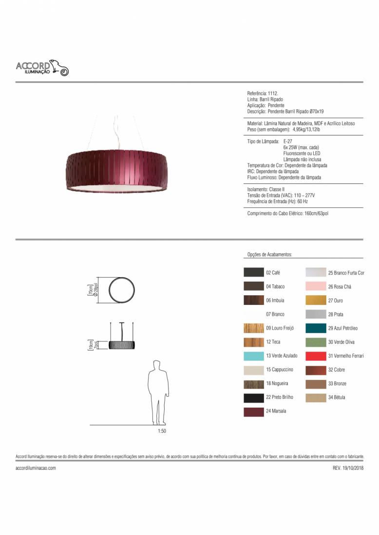 Pendente Accord Barril Ripado 6L E27 Ø700x190mm 1112