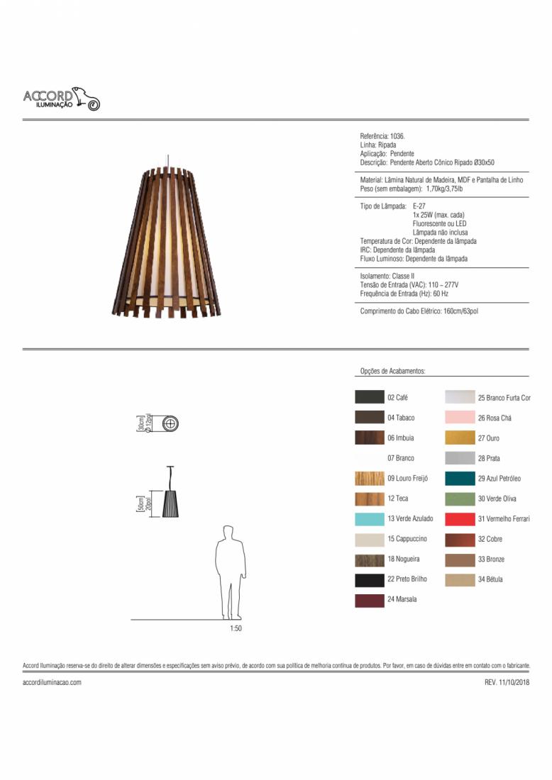 Pendente Accord Aberto Ripado Cônico 1L E27 Ø300x500mm 1036