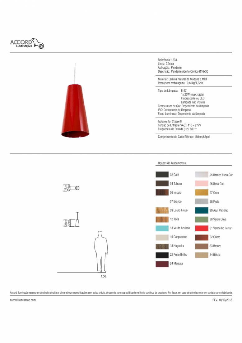 Pendente Accord Aberto Cônico Liso 1L E27 Ø160x300mm 1233