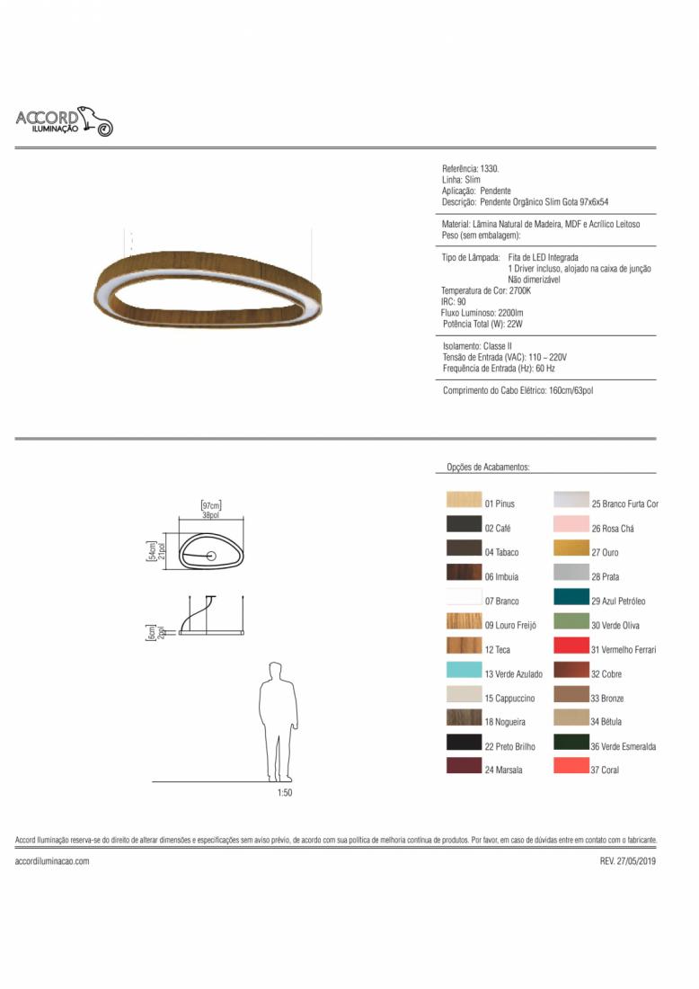 Pendente Accord Orgânico Slim Gota 25 Watts 2700K Bivolt 970x545x50mm 1330LED