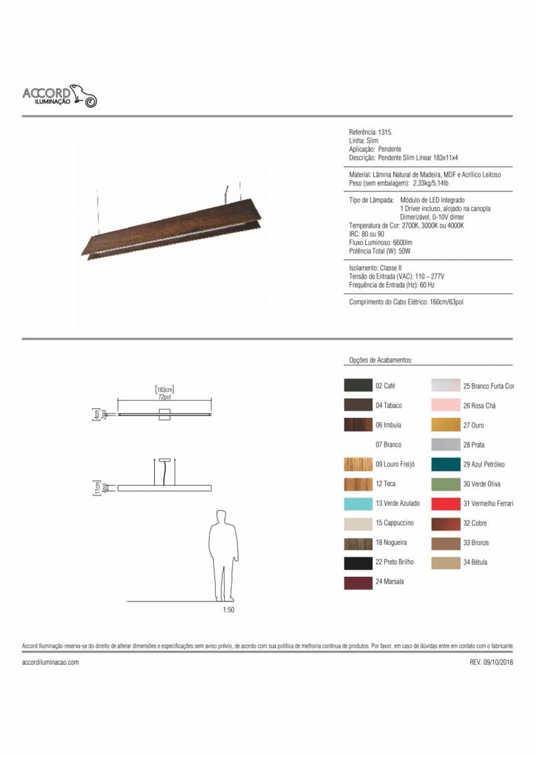 Pendente Accord Slim Linear 42 Watts 2700K Bivolt 1830x40x110mm 1315LED