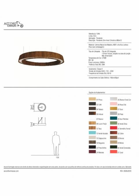 Pendente Accord Slim Anel Cilíndrico 23 Watts 2700K Bivolt Ø600x120mm 1349LED