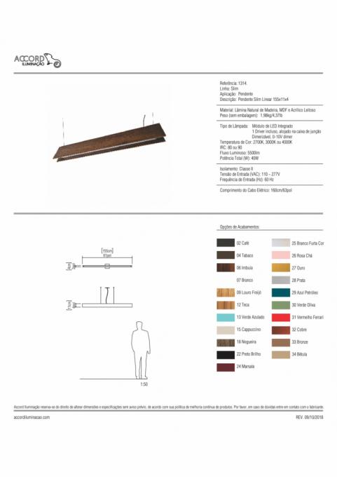 Pendente Accord Slim 39 Watts 2700K Bivolt 1550x40x110mm 1314LED