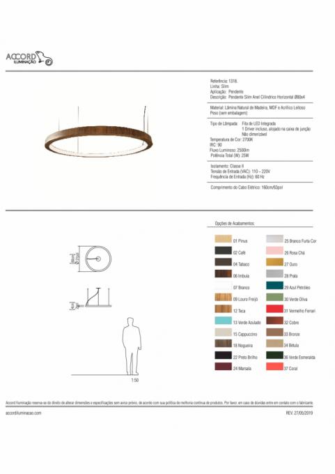 Pendente Accord Anel Horizontal 29 Watts 2700K Bivolt Ø800x30mm 1318LED