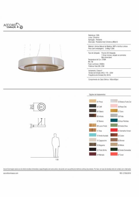 Pendente Accord Anel Cilíndrico LED 28 Watts 2700K Bivolt Ø600x135mm 1285