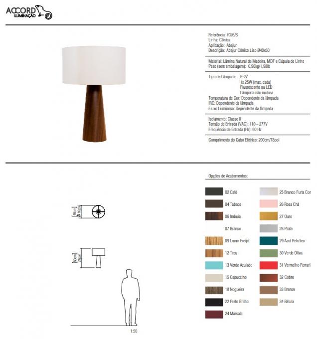 Abajur Accord Pé Cônico Liso Cúpula Algodão 1L E27 Ø400x610mm 7026
