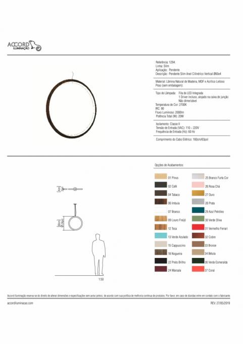 Pendente Accord Slim Anel Cilíndrico Vertical 22 Watts 2700K Bivolt Ø600x30mm 1294LED