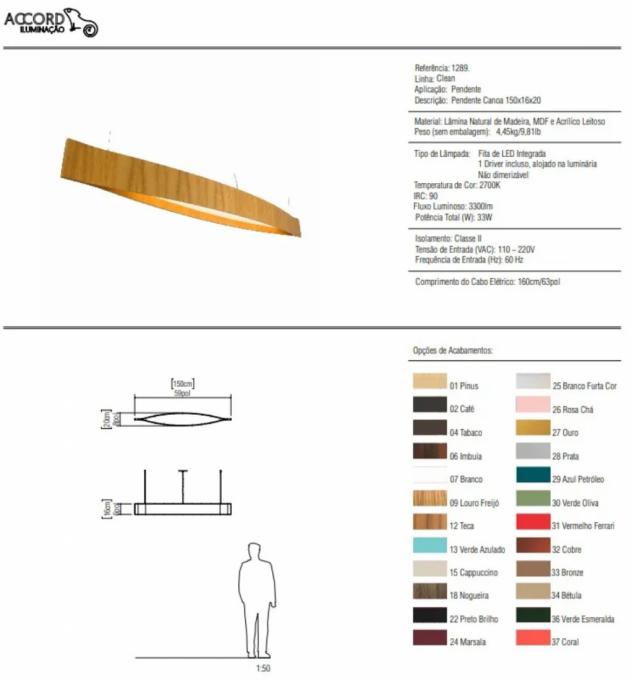 Pendente Accord Canoa 38 Watts 2700K Bivolt 1500x200x180mm 1289LED