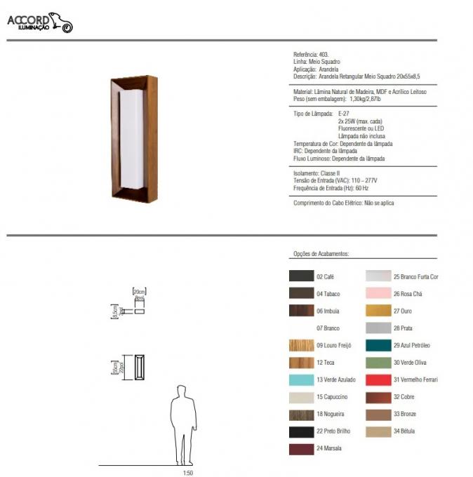 Arandela Accord Meio Squadro 2L E27 200x85x550mm 403