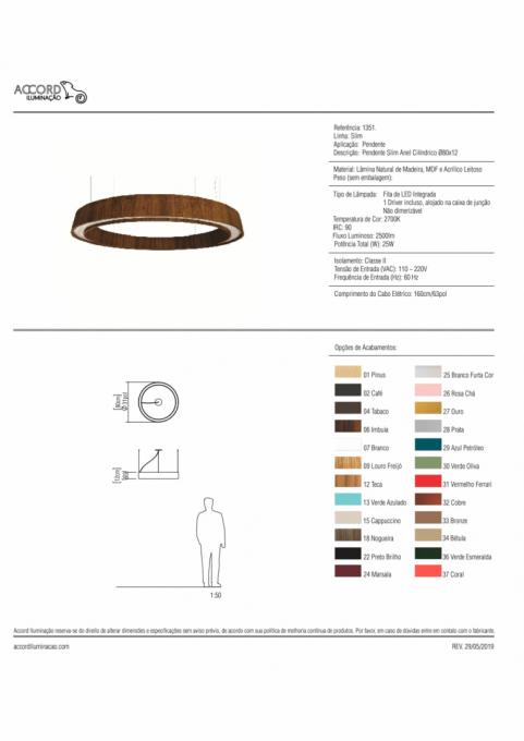 Pendente Accord Slim Anel Cilíndrico 29 Watts 2700K Bivolt Ø800x120mm 1351LED