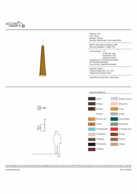 Pendente Accord Cônico Longo Liso 1L E27 Ø100x500mm 1276