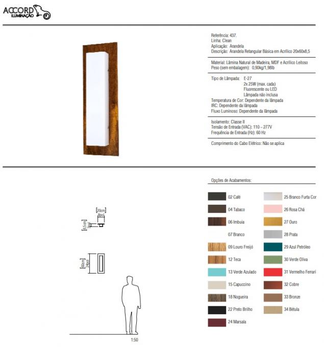Arandela Accord Retangular Clean 2L E27 200x85x600mm 437