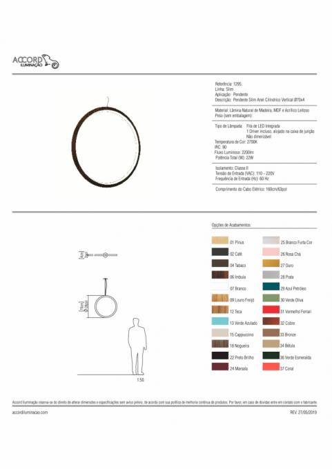 Pendente Accord Slim Anel Cilíndrico Vertical 25 Watts 2700K Bivolt Ø700x30mm 1295LED