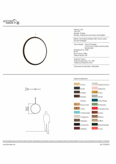 Pendente Accord Slim Anel Cilíndrico Vertical 32 Watts 2700K Bivolt Ø900x30mm 1297LED