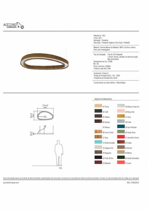 Pendente Accord Orgânico Slim Gota 28 Watts 2700K Bivolt 1140x630x50mm 1331LED