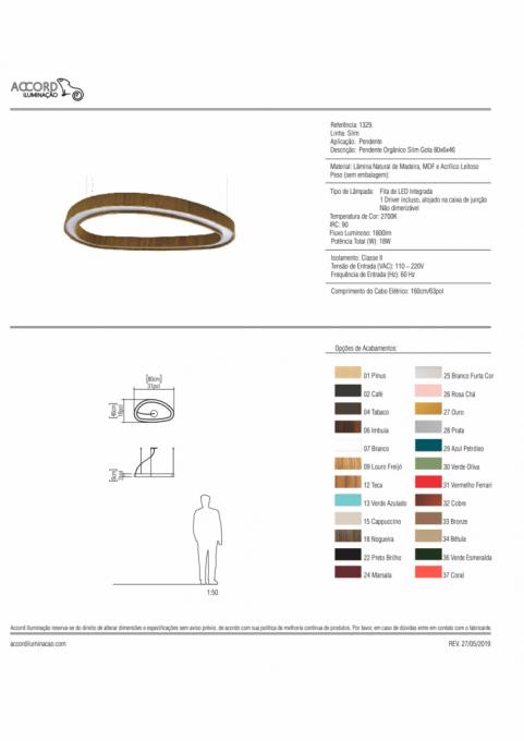 Pendente Accord Orgânico Slim Gota 21 Watts 2700K Bivolt 800x450x50mm 1329LED