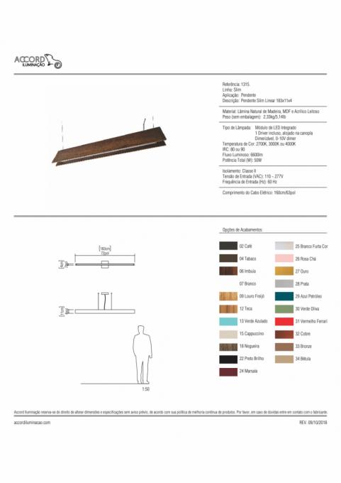 Pendente Accord Slim Linear 42 Watts 2700K Bivolt 1830x40x110mm 1315LED