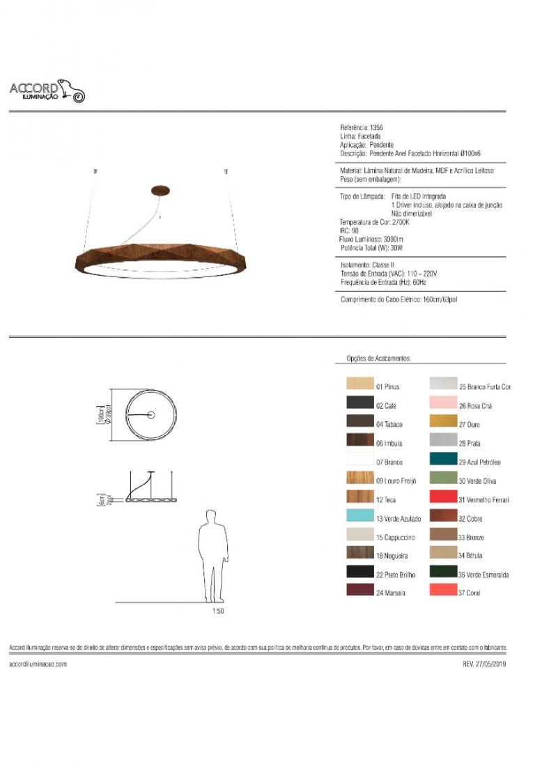 Pendente Accord Anel Multifacetado Horizontal 35 Watts 2700K Bivolt Ø1000x60mm 1356LED