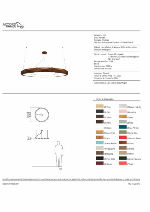 Pendente Accord Anel Multifacetado Horizontal 35 Watts 2700K Bivolt Ø1000x60mm 1356LED