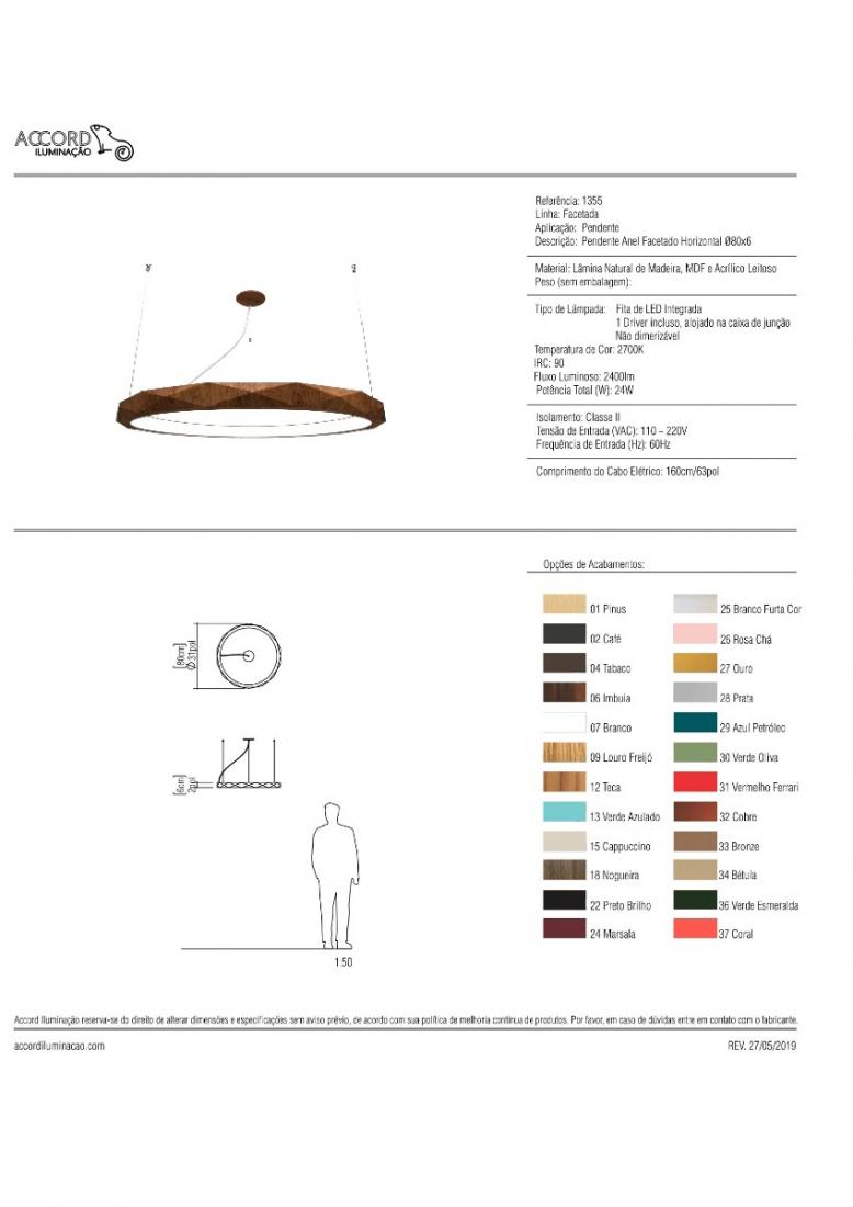 Pendente Accord Anel Multifacetado Horizontal 29 Watts 2700K Bivolt Ø800x60mm 1355LED