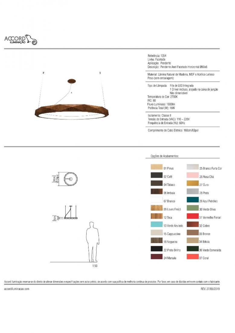 Pendente Accord Anel Multifacetado Horizontal 21 Watts 2700K Bivolt Ø600x60mm 1354LED