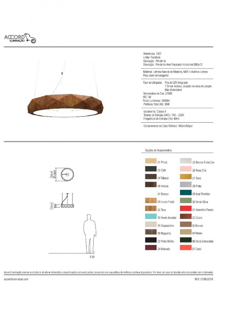 Pendente Accord Anel Facetado Horizontal 41 Watts 2700K Bivolt Ø600x120mm 1357LED