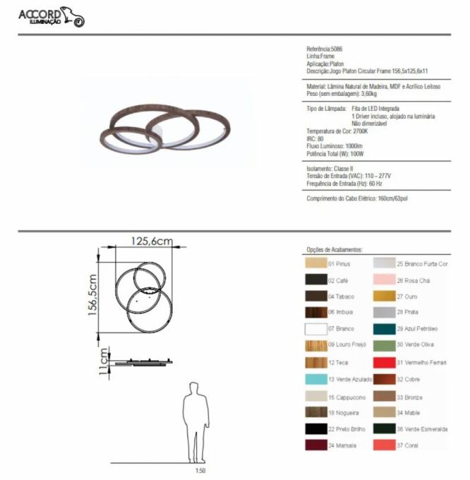 Jogo Plafon/Arandela Accord Circular Frame 115 watts 2700K Bivolt 1550x1250x110mm 5086LED
