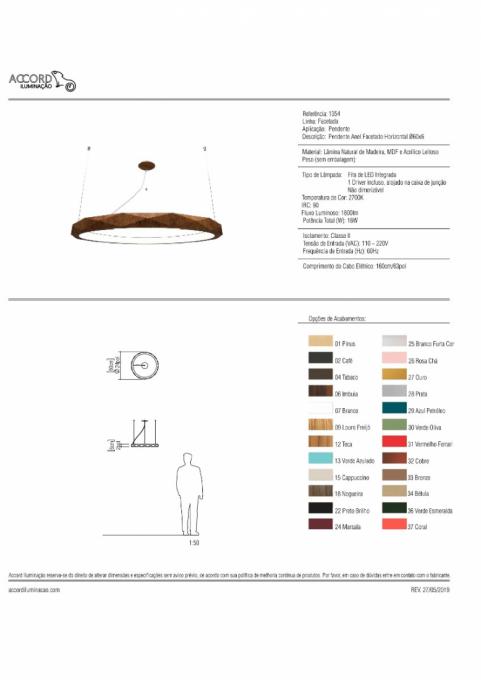 Pendente Accord Anel Multifacetado Horizontal 21 Watts 2700K Bivolt Ø600x60mm 1354LED