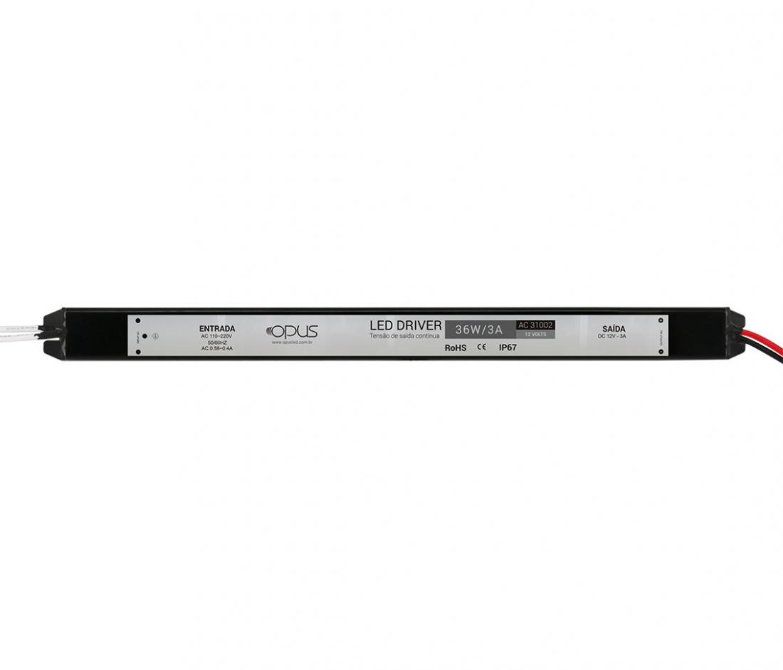 Fonte 12V Slim Opus 36 Watts 3A IP67 Blindada 270x20x20mm OPS 31002