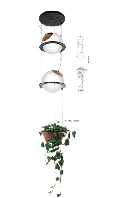 Pendente Old Artisan com Suporte para Planta 2L E27 Ø300x1000mm Globo Ø250mm PD-5432 