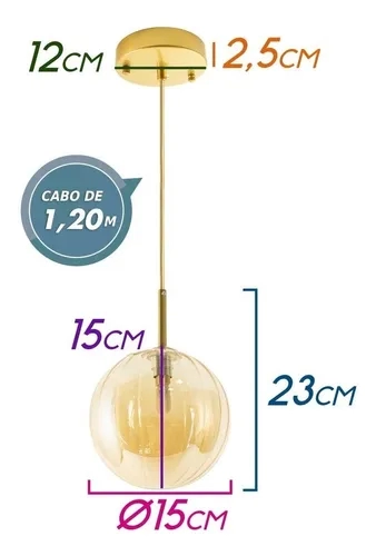 Pendente Starlux Malu 1L G9 Ouro Fosco e Globo Âmbar Ø150mm ZR061-S-AB