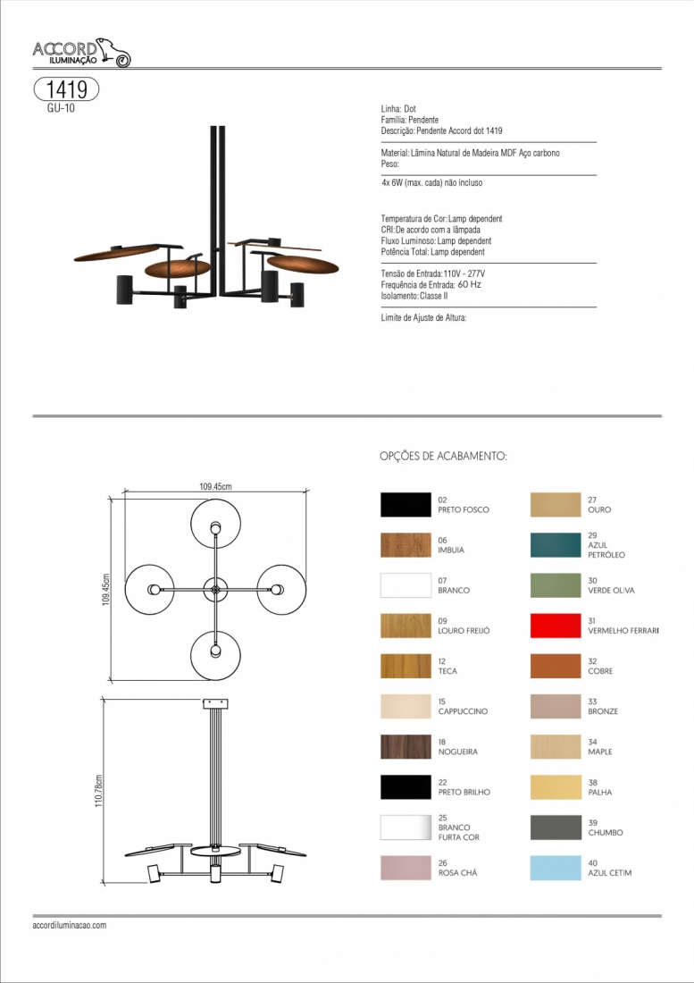 Pendente Accord Dot Madeira Natural e Aço Carbono 4L Dicróica Ø109,5x110mm 1419