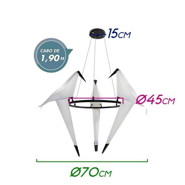 Pendente Starlux Bird Pássaro Origami Preto 18 watts 2700K Ø600mm 12264-3L-B