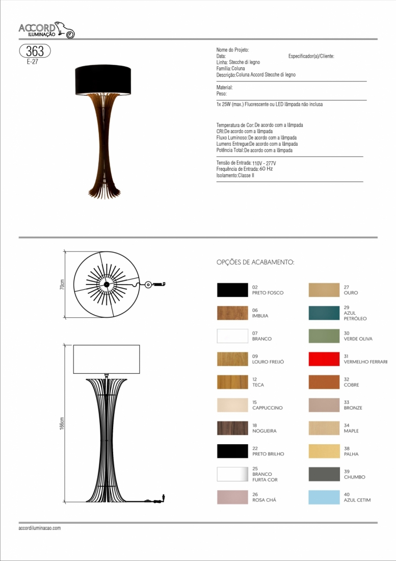 Coluna Accord Stecche Di Legno Curva Cúpula Tecido 1L E27 Ø700x1660mm 363
