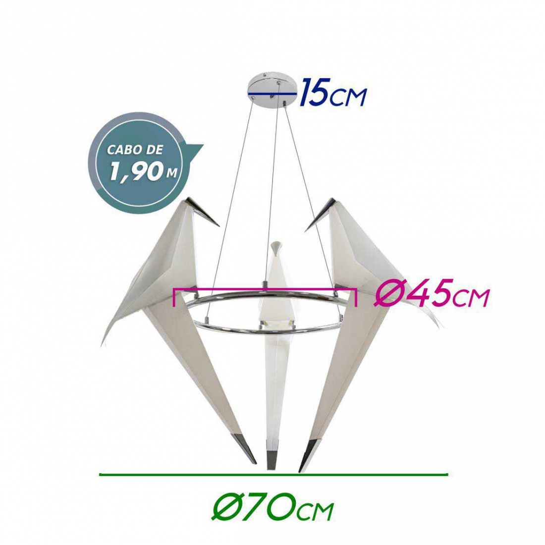 Pendente Starlux Bird Pássaro Origami Cromado 18 watts 2700K Ø600mm 12264-3L-CH