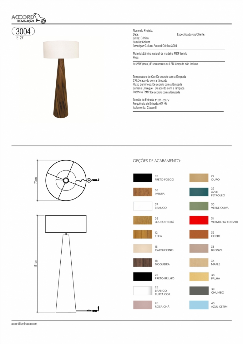 Coluna Accord Cônica 1L E27 Ø700x1600mm 3004