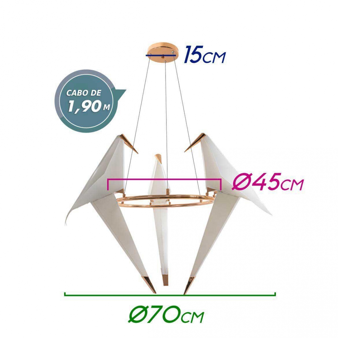 Pendente Starlux Bird Pássaro Origami Rose Gold 18 watts 2700K Ø600mm 12264-3L-RG